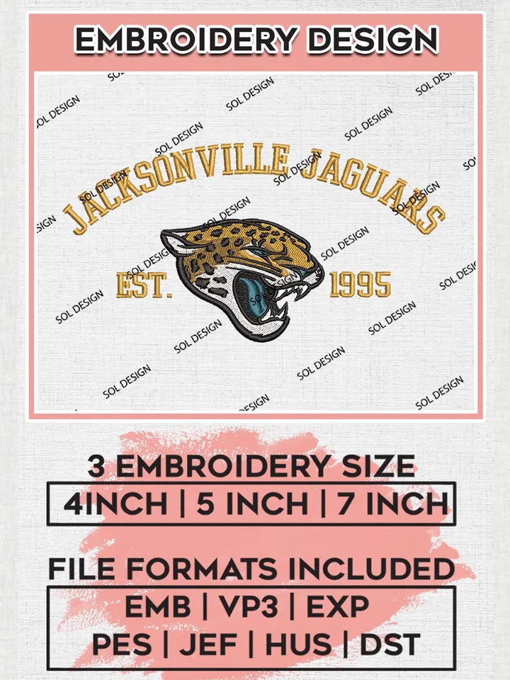Jacksonville Jaguars Est 1995 Embroidery Designs, NFL Jaguars, NFL Embroidery Designs, NFL Jacksonville Jaguars Machine Embroidery Design, Digital Download