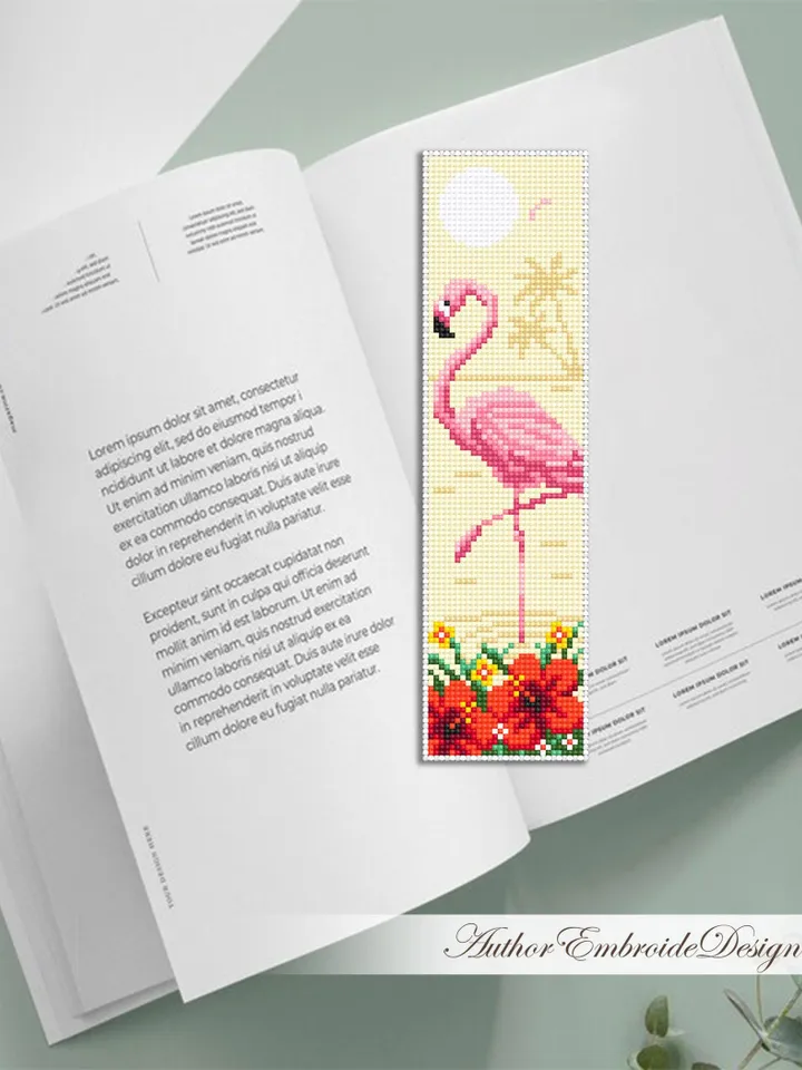 Flamingo bookmark cross stitch pattern PDF download Pink flamingo cross stitch chart, Nature bookmark pattern digital PDF, Pink bird #B441