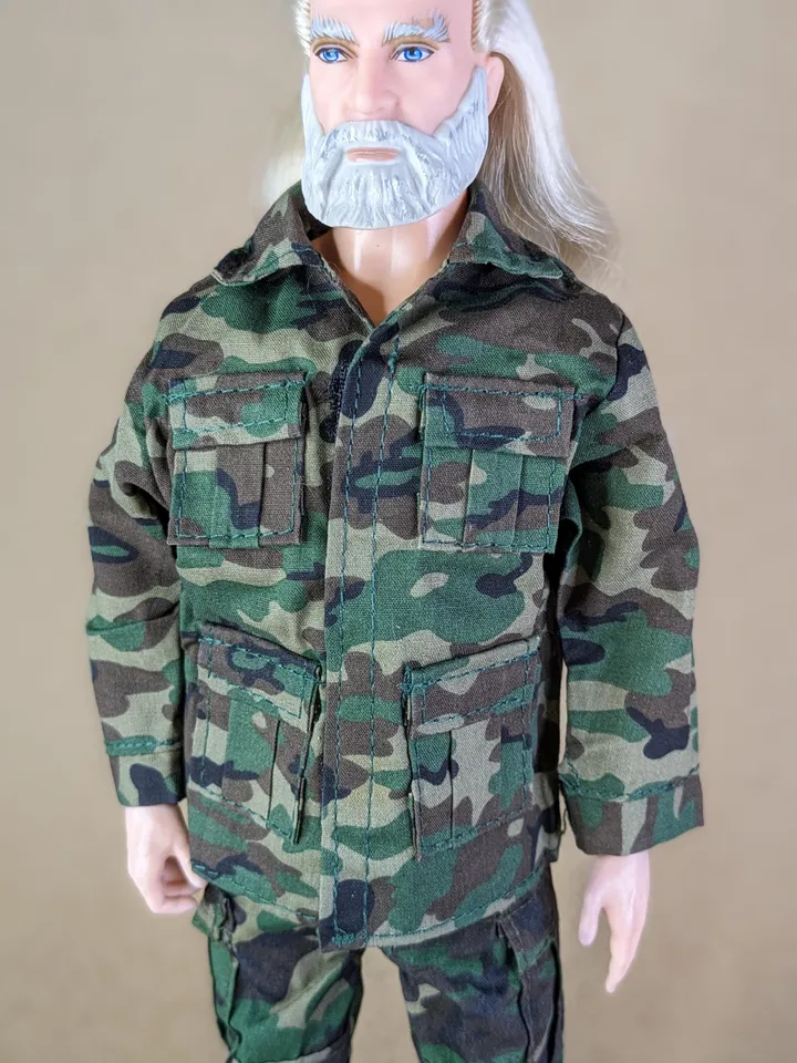 Military-style camo jacket, pants, and backpack for 12-inch fashion male dolls