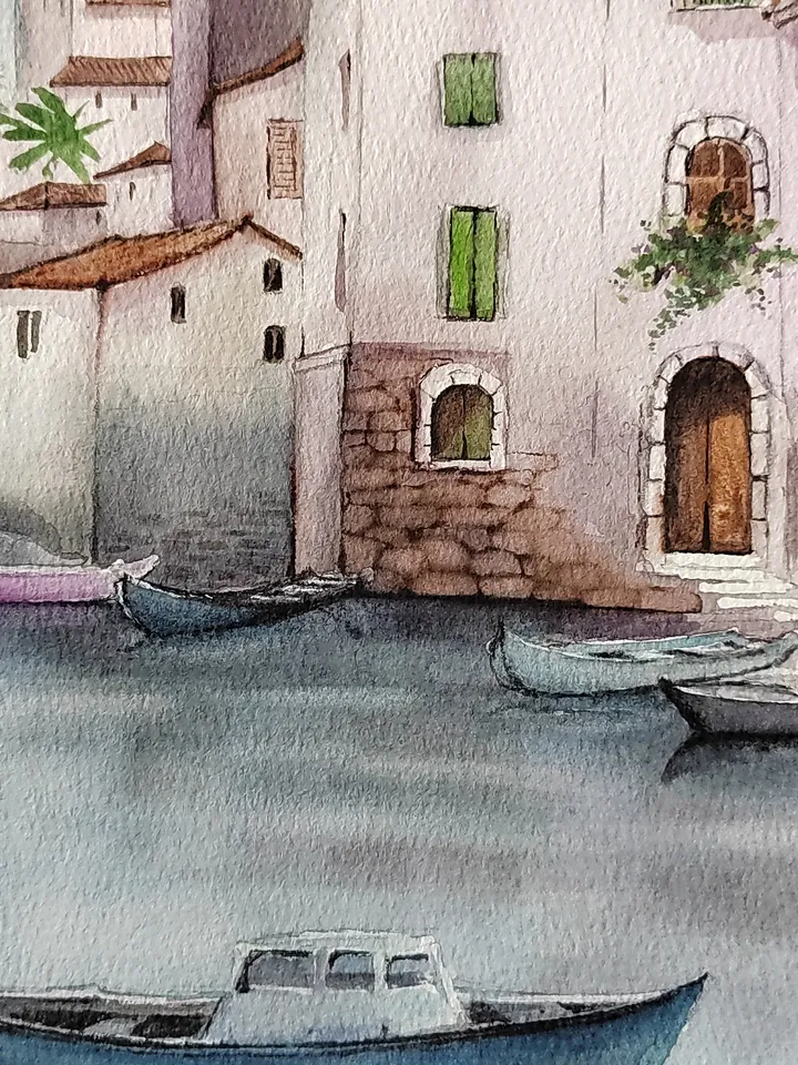 Original Watercolor Painting Venetian Landscape Art Houses on the Canal Artwork Venice Street Picture 27x39 cm by SoftWaves