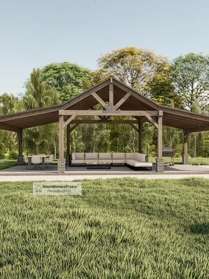 Pole Barn Pavilion Plans with Double Lean, Garden Gazebo Blueprints, Backyard Shade Pergolas Structures