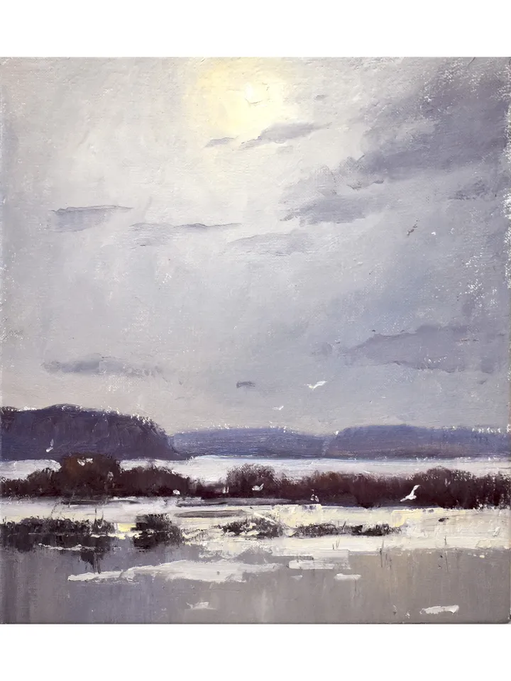Winter landscape oil painting original. Lake paintings