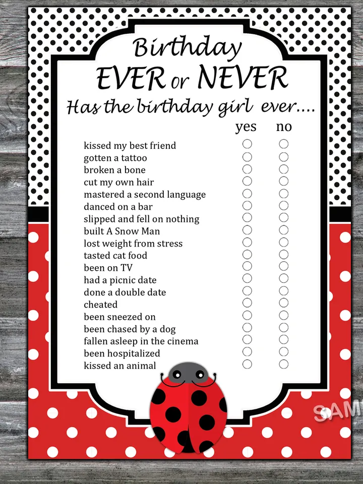 Ladybug Birthday ever or never game,Adult Birthday party game-fun games ...