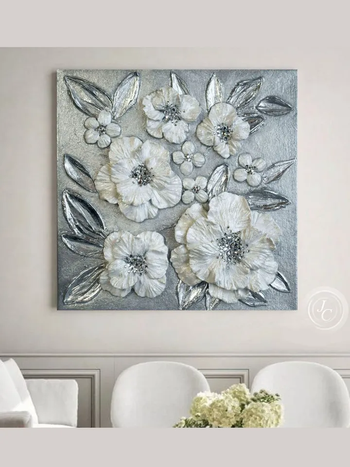 White Pearl Poppies Flower Textured artwork | Silver Glittery Original Painting Floral Art with Crystal