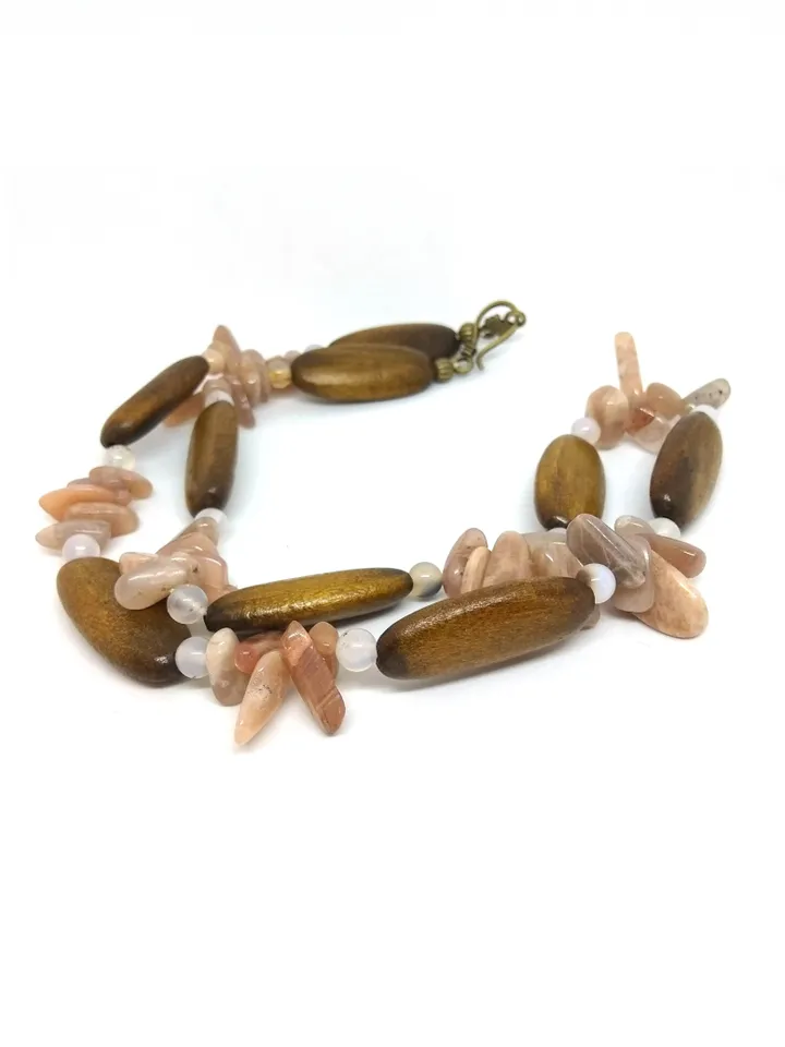 Necklace with Sunstone, Agate and Wood Beads