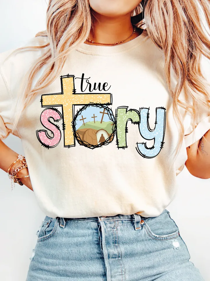 True story Easter PNG, He is Risen crown of thorn cross palm Jesus Christ christian religious Bible verses digital Sublimation drawn Tshirt