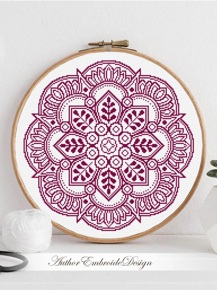 Flower mandala cross stitch pattern PDF download Mandala ornament cross stitch chart Monochrome mandala pattern digital PDF Home decor #M282