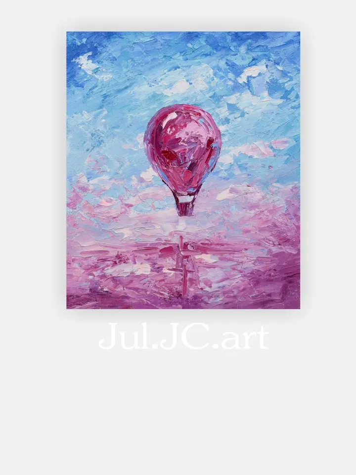 Hot Air Balloon Painting Original Art Pink lake Artwork 10 by 12" Skyscape Oil Painting by Juliya JC