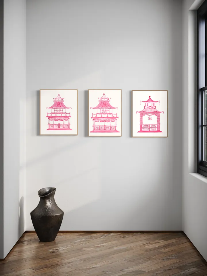 Pink Pagoda Watercolor Painting Chinoiserie Asian Wall Art Poster Pagoda Print Set Of 3 Watercolor Painting Chinoiserie Painting Art Print