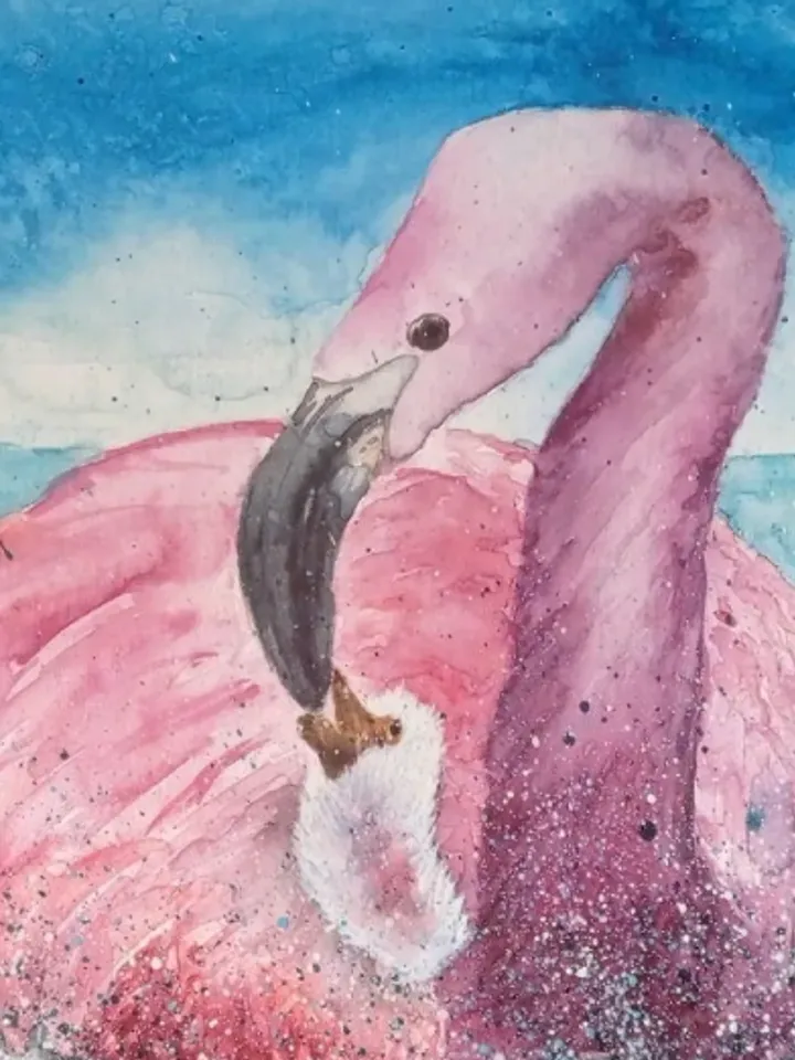 Framed painting "Mama Flamingo", watercolor, size 40x30cm