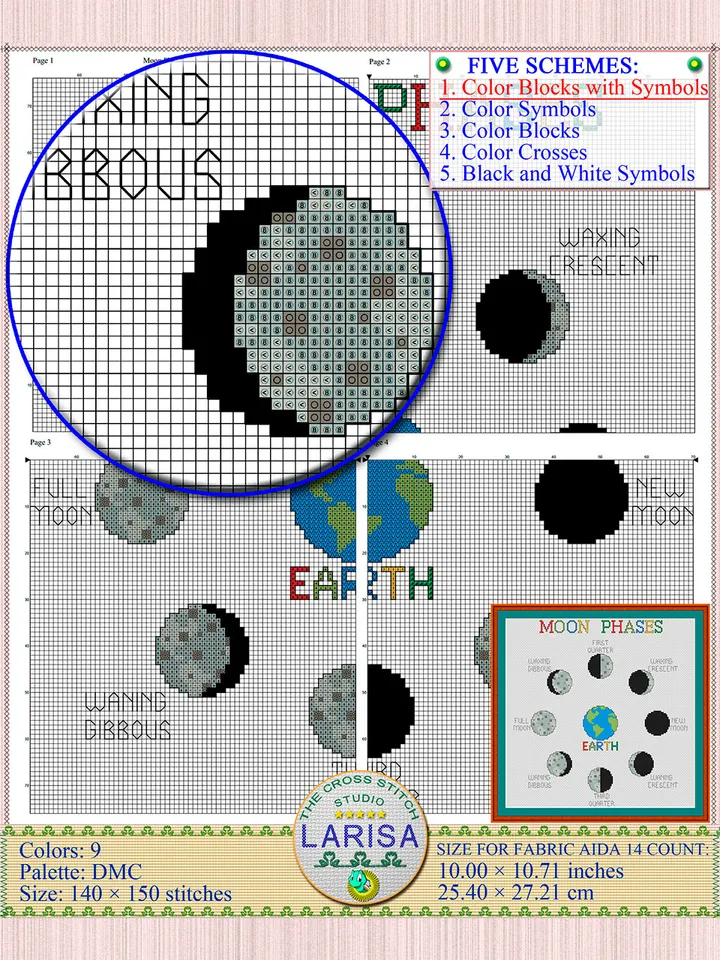 Moon Phases Cross Stitch Pattern | Lunar Phases Chart