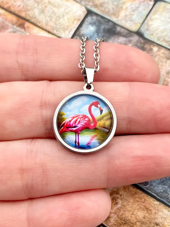 Flamingo necklace, steel pendant with glass, Bird lover gift