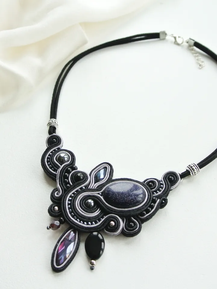 Black Statement necklace with Aventurine stone, Soutache embroidered necklace with natural stone