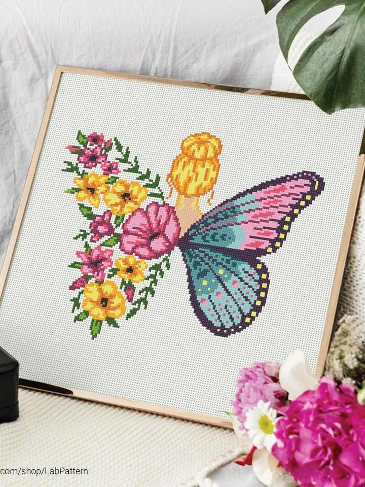 Butterfly Silhouette Woman Flowers cross stitch pattern, Floral decor, Love, counted, chart, gift DIY, embroidery, instant PDF