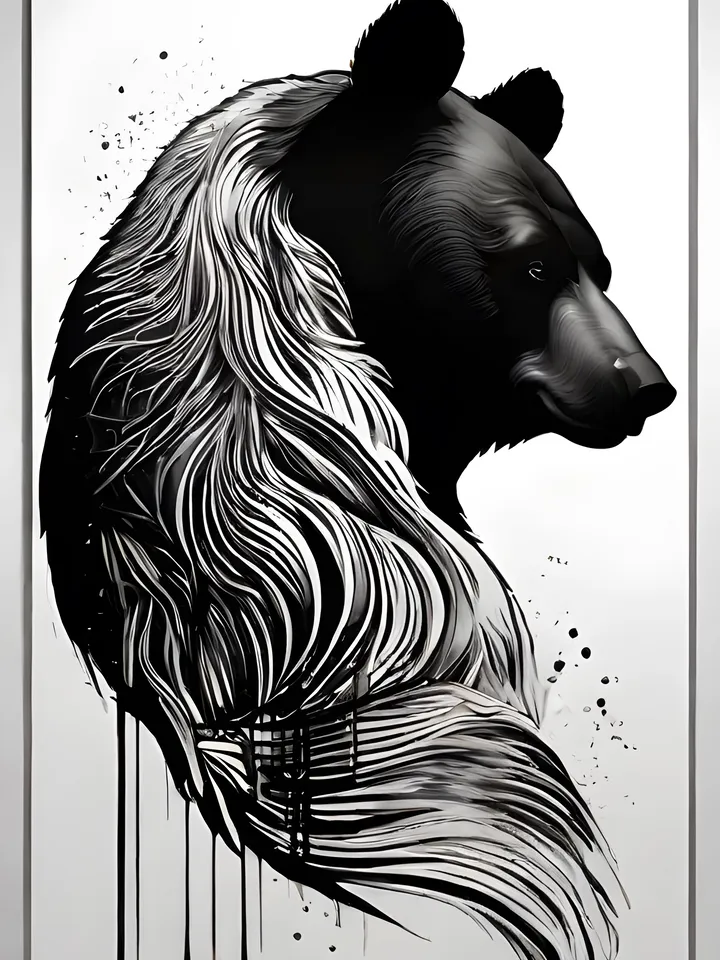 Digital product, Bear image, Bear print, Bear print, Wildlife, Contrast print, Black and white silhouette, Monochrome print, Symbolic painting, Bear poster.