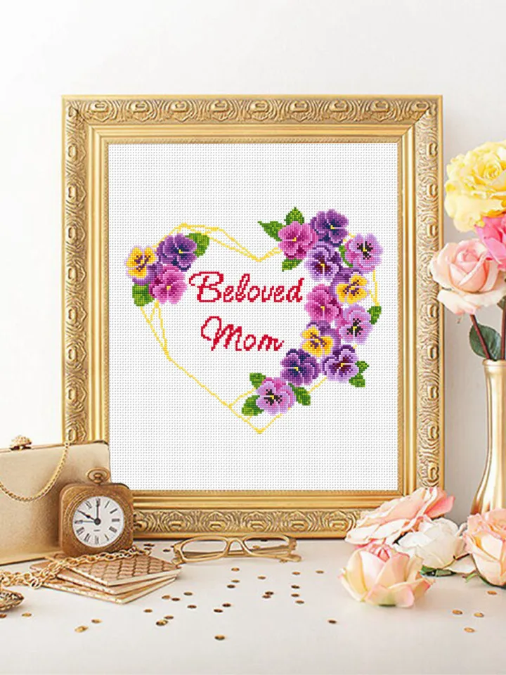 Floral heart frame cross stitch pattern PDF download Beloved Mom cross stitch chart, Violets flowers cross stitch, DIY gift for mother #Q28