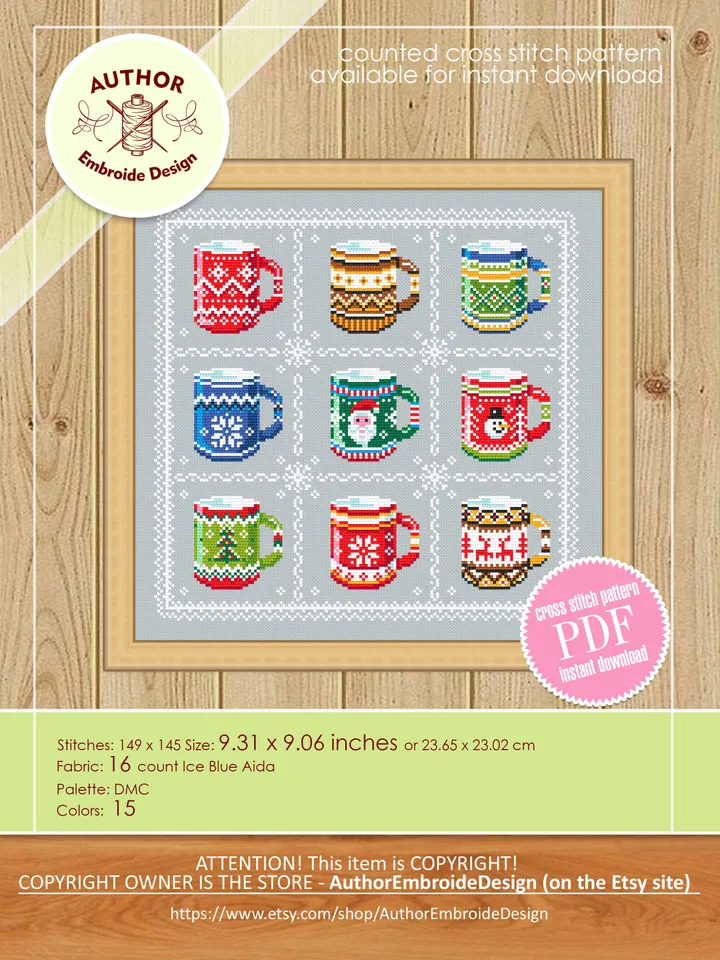Ugly Christmas sweater mug cross stitch pattern PDF download Christmas coffee cross stitch chart, Christmas pattern digital PDF #N93