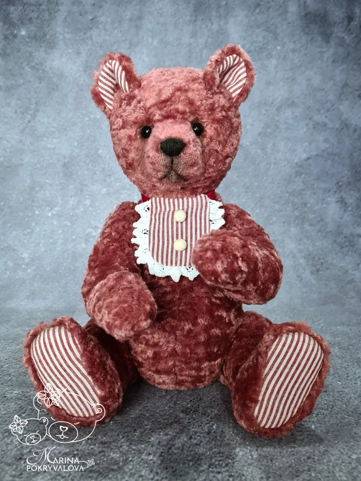 Handmade teddy bear. 34 cm plush bear toy. Dark pink teddy bear birthday gift.