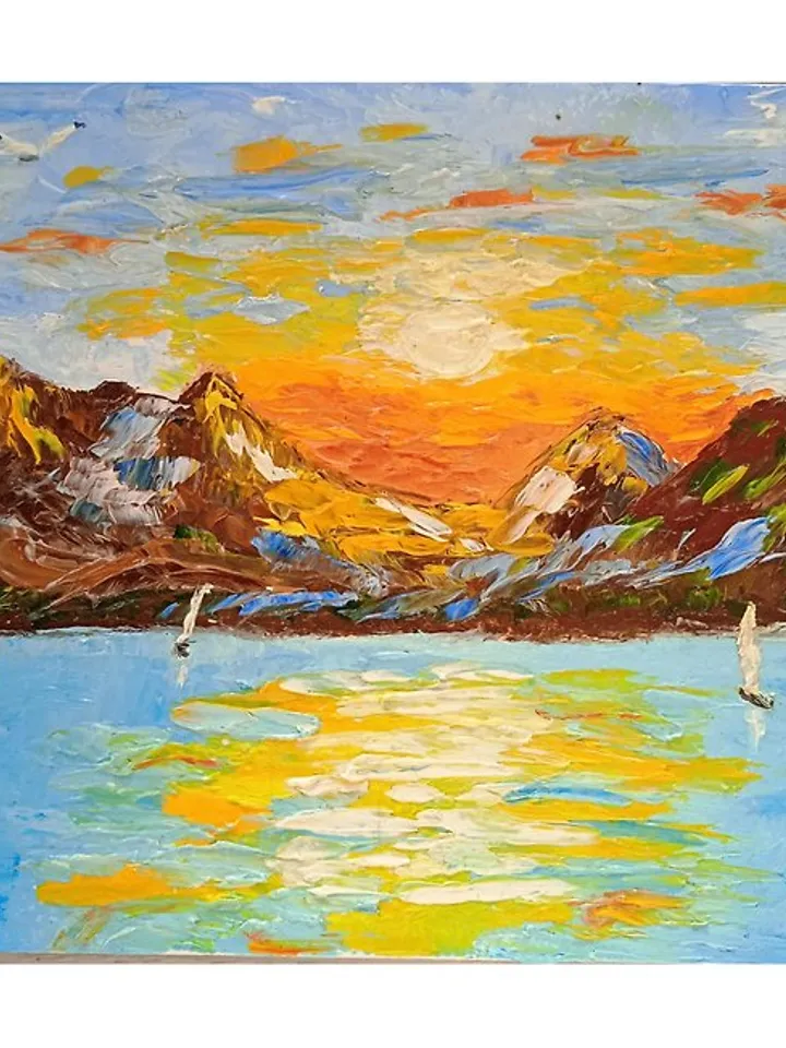 Sunset at sea Seascape Sailboats at sunset Orange sunset Original painting