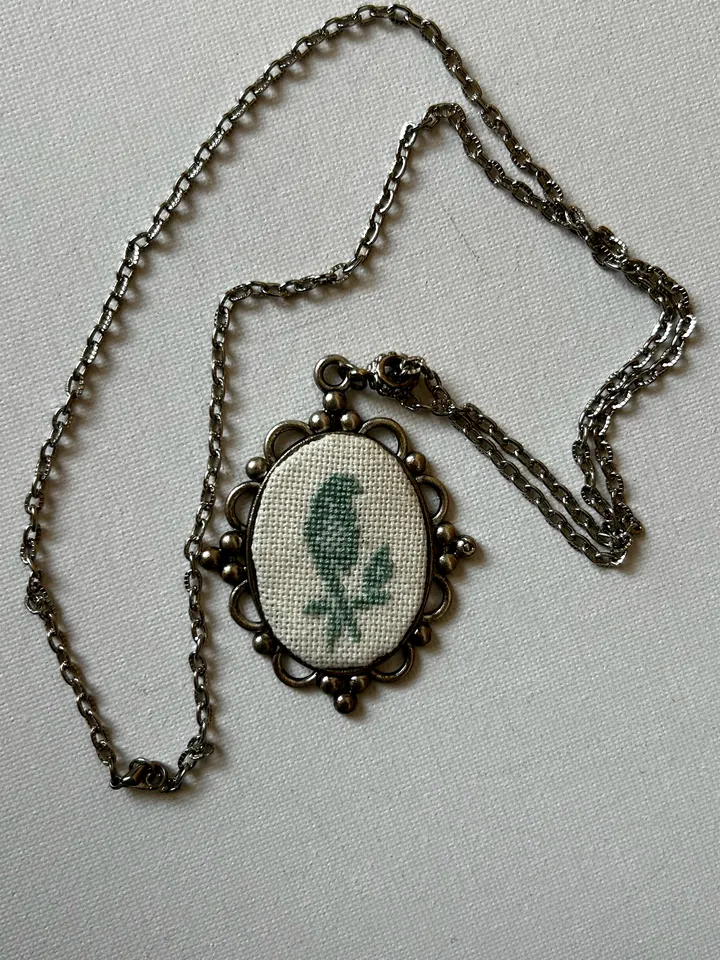 Bird embroidery pendant, bird embroidery, antique style pendant, petit point