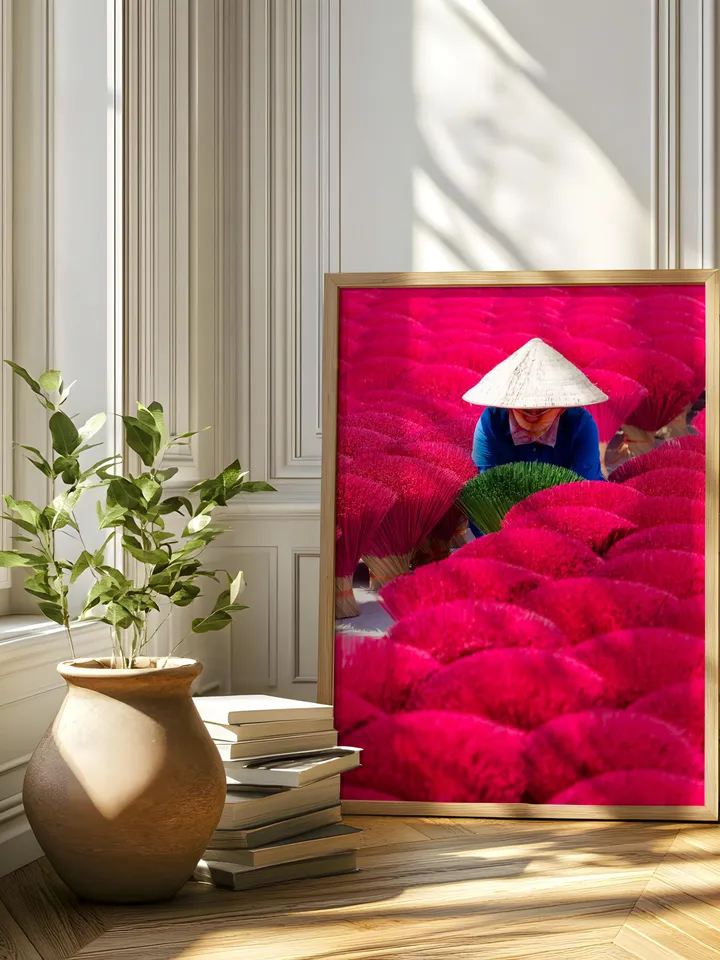 Vietnam Culture Poster | Vibrant Pink Wall Decor | Asian Travel Print | Exotic Home Art | Vietnamese Traditional Life Print | Incense Sticks