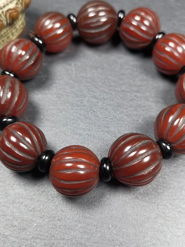 Gandhanra Old Tibetan Wrist Mala, 0.75" Agate Pumpkin Ball Prayer Beads Bracelet