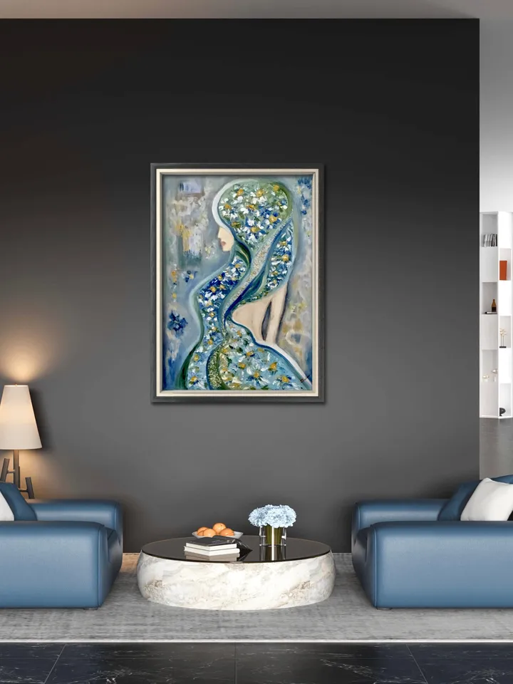 Purity - original oil painting on large canvas,rhinestones decorated, woman in daisies,impasto oil painting,home decoration,woman in daisies