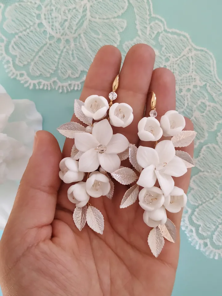 Silver, Gold, Rose Gold Boho Wedding Earrings, Porcelain Flower Bridal Earrings, Statement Wedding Earrings | Jewelry, Boho Bridal Earrings