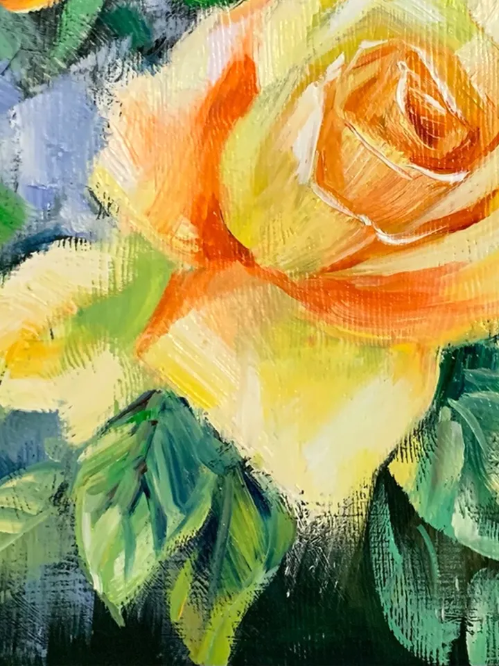 Oil Painting with Yellow Roses, Miniature Wall Art, Anniversary Gift