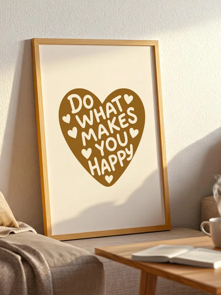 Do What Makes You Happy Caramel Heart Print – Cozy Wall Art, Boho Quote Poster, Self Love Digital Download, Warm Earth Tone Printable