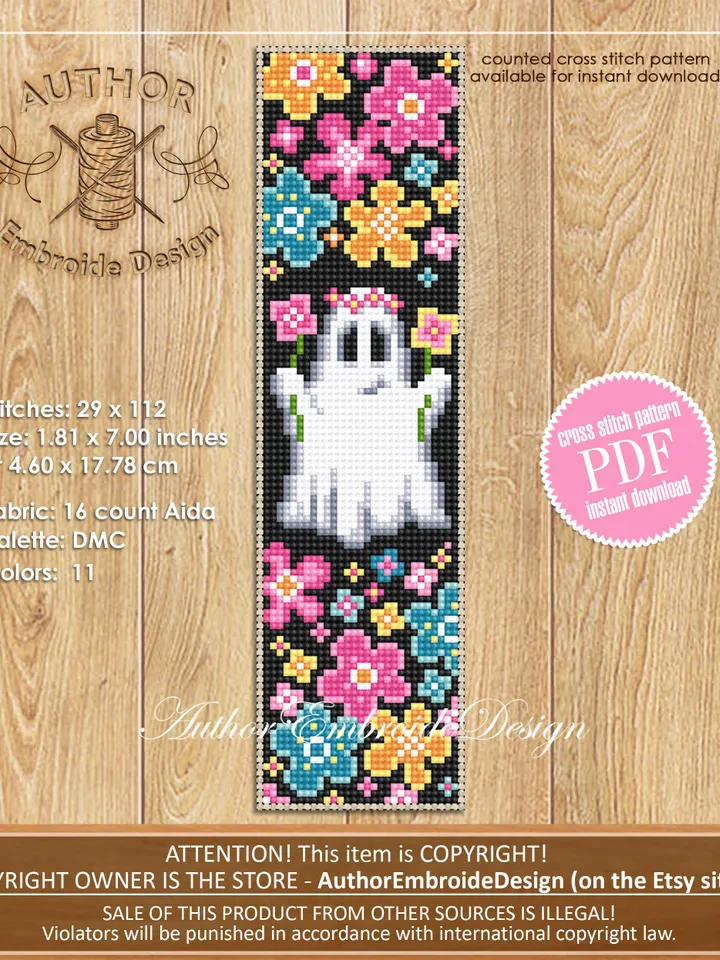 Ghost Bookmark set cross stitch pattern PDF download Cute ghost cross stitch chart Halloween bookmark pattern digital PDF Floral ghost #B376