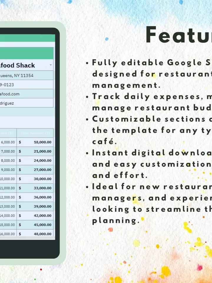 Restaurant Financial Plan Template, Editable Google Sheets, Easy-to-Use, Digital Download for Restaurant Owners, Managers