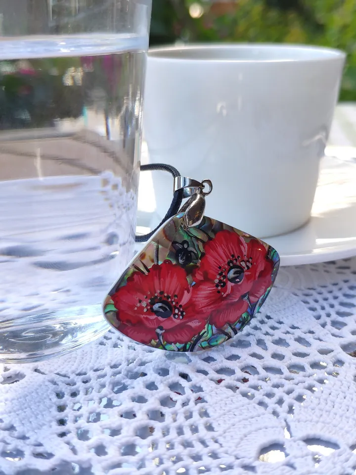 Pearl pendant necklace: Red poppies on Elegant abalone shell necklace. Aesthetic Mother of pearl pendant. Stylish graceful gift for her