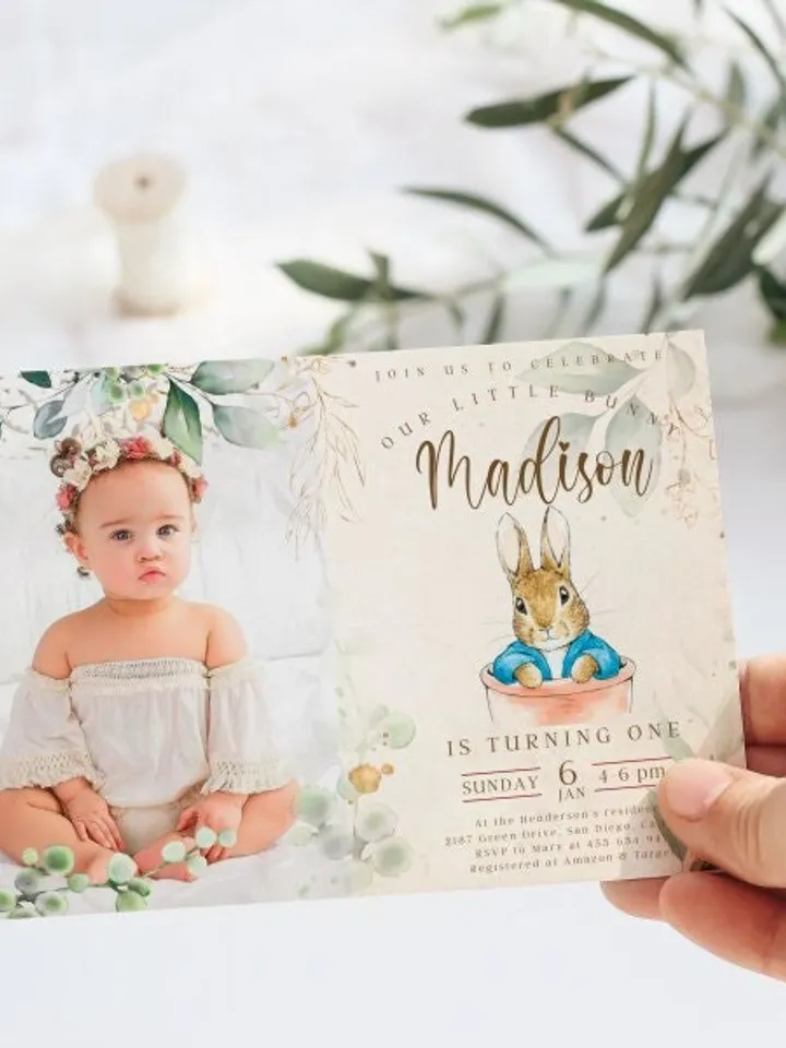 Add Photo First Birthday Invite; Bunny Baby Birthday Invitation template; Our little bunny turning one; Peter Rabbit birthday invitation