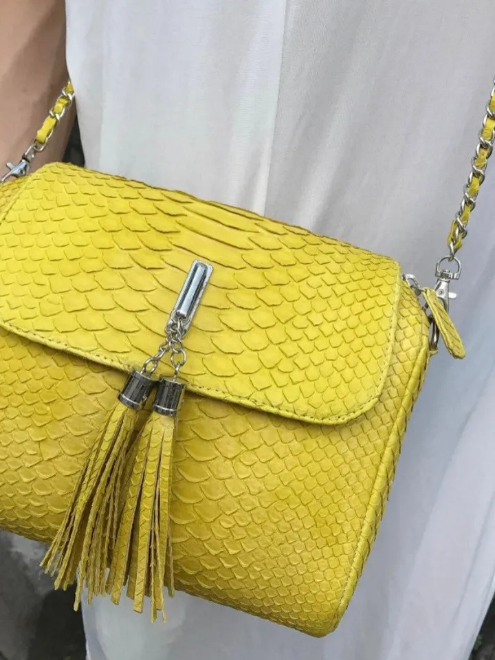 Genuine Python Skin Crossbody Bag | Chain Tassel yellow chain bag | Leather Woman Free Shipping Handmade Summer purse | exotic leather bag