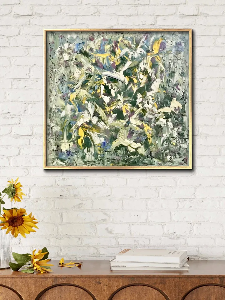 Flying in the jungle,original abstract oil impasto painting on canvas,abstract green white home decoration,unique handmade gift.