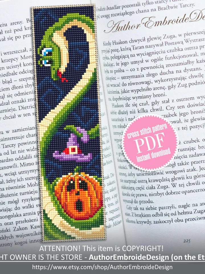 Halloween bookmark cross stitch pattern PDF download Snake cross stitch chart, Bookmark pattern digital PDF, Halloween pumpkin stitch #B360