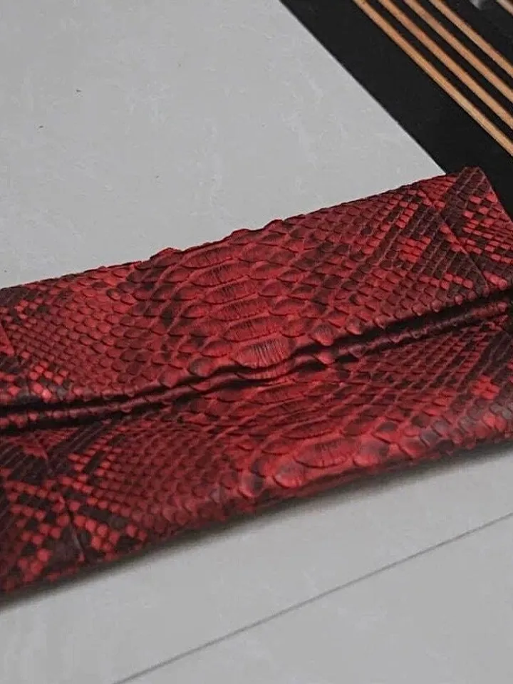 Genuine Python Skin Envelope Red Clutch | Exotic Leather Bags | Small Classy Handmade Clutch | Flat women Elegant Evening Clutch| Snake Bag