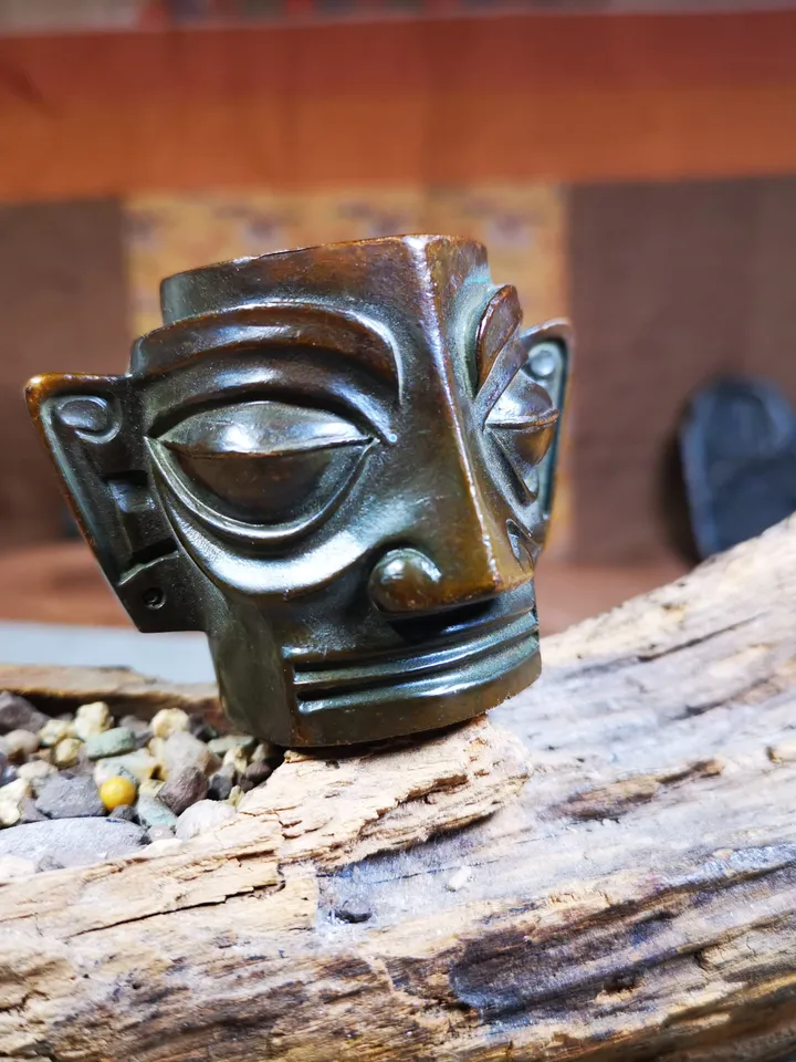 Gandhanra Replica Bronze Head Mask from Sanxingdui Ruins,4.7cm Height,Made of Red Copper,40 Years Old