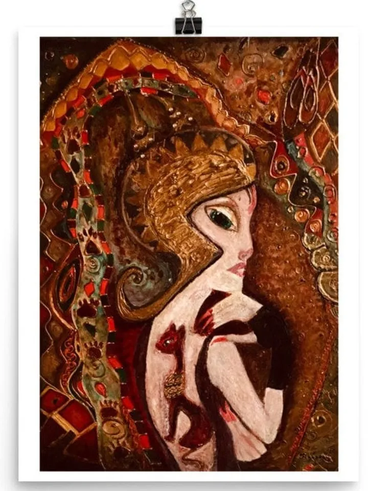 Woman cat Photo paper poster,made with my original mix media painting,one of a kind painting,fantasy woman cat painting.
