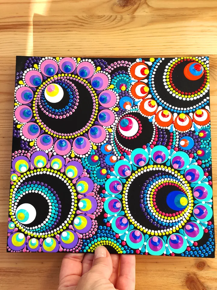 Floral Dot Painting Acrylic Original Art Abstract Flowers Artwork 20 by 20 cm / 8 by 8''