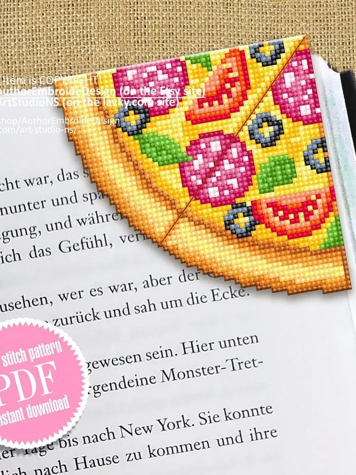 Corner bookmark cross stitch pattern PDF download Pizza cross stitch chart, Food bookmark digital PDF, Funny bookmark for beginner #B251
