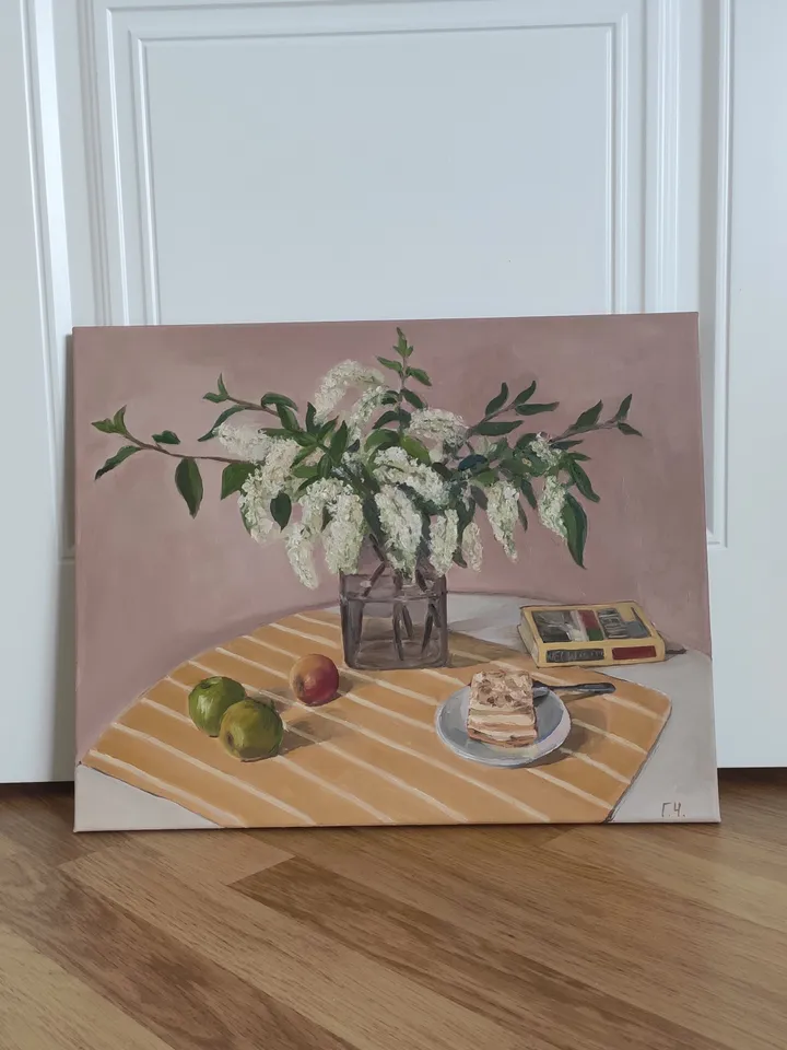 Oil painting "Still life with bird cherry blossoms"