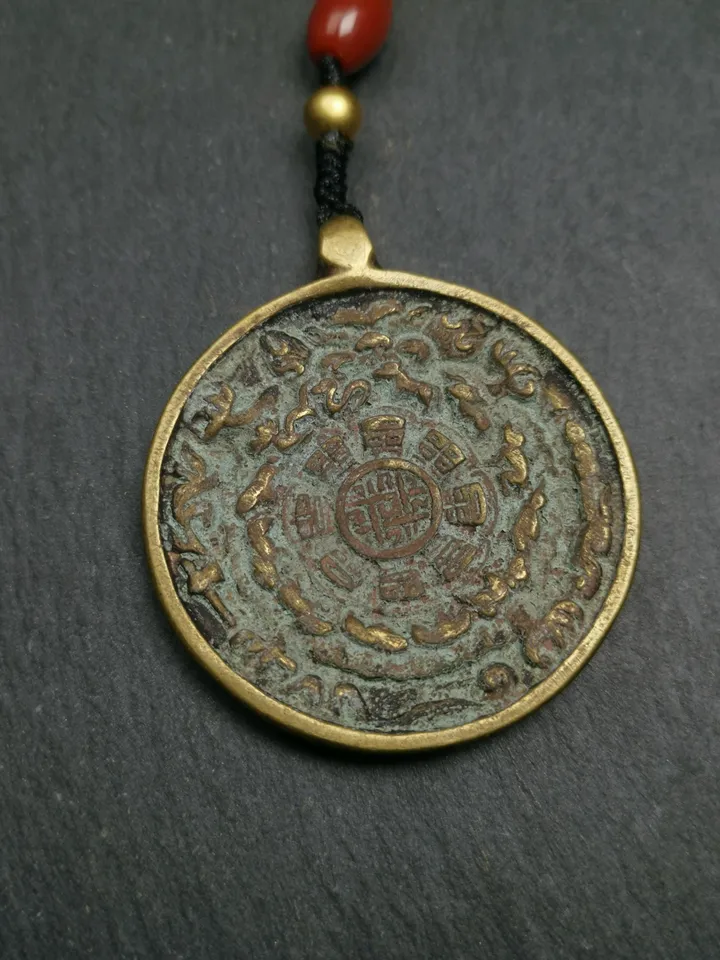 Gandhanra Vintage Tibetan Buddhist Calendar Amulet Sipaho Badge - Lima Brass Melong Mirror Protective Charm Feng Shui Pendant,44mm