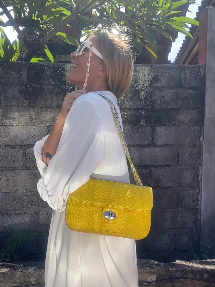 Genuine python skin maxi crossbody yellow bag, summer big chain crossbody, elegant classy crossbody bag genuine leather summer | snakeskin
