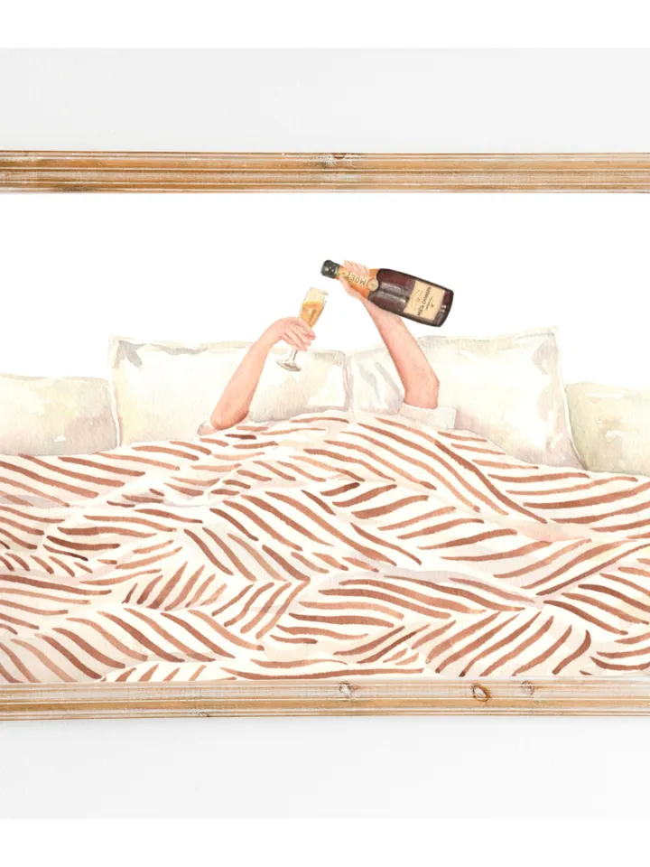 Woman Drinking Champagne In Bed, Watercolor Painting, Girls Bedroom Decor, Vintage Bar Print, Feminist Poster, Girly Wall Art, Alcohol Print