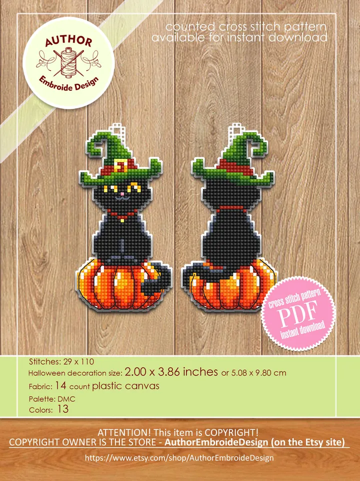 Black cat cross stitch pattern PDF download Double-sided Halloween ornament cross stitch chart for plastic canvas, Halloween tree decor #H69