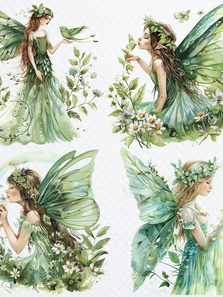 22 Forest Fairy PNG Bundle, Green Fairies Watercolor clipart for sublimation, High Quality PNGs, Digital download, Paper craft, junk journal