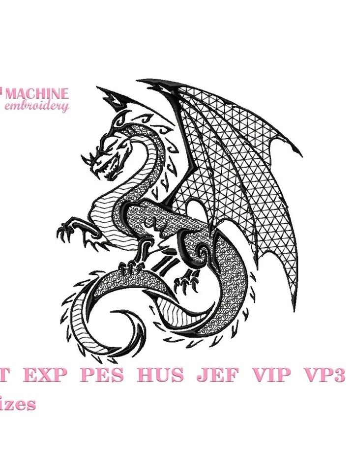 Fantasy dragon for machine embroidery pattern 4 size, Embroidery files flying dragon, Dragon embroidery design, Chinese New Year #R19