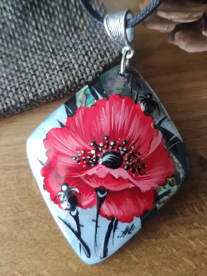 Pearl pendant necklace: Big red poppy flower on handmade necklace • Hand painted statement jewelry for dress • unique trendy floral necklace